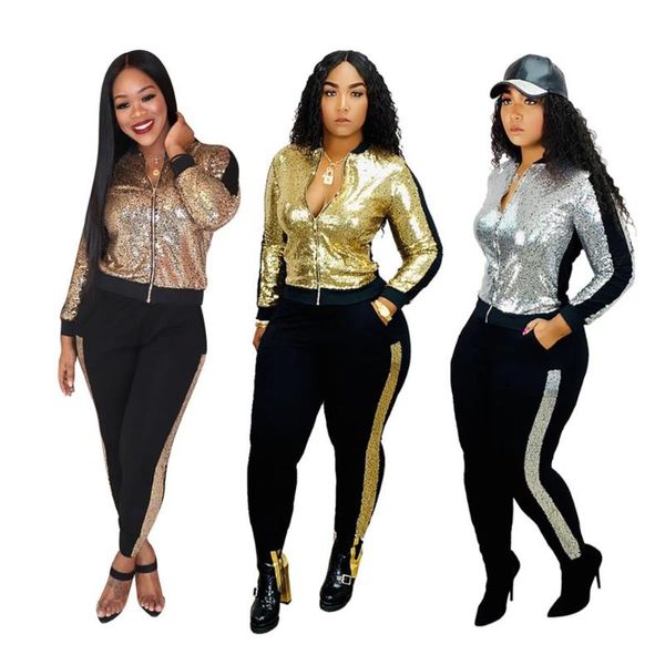 

casual women two piece set long sleeve sequin jacket and pants skinny matching sets tracksuits women set, White