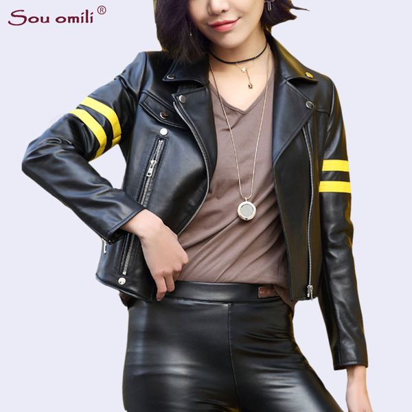 

print flight leather jacket women short jacket moto coat jaquetas couro casaco chaquetas yellow line on sleeve, Black