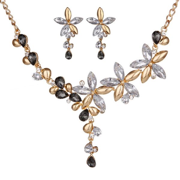 

women casual flower shape hollow pendant link chain rhinestone necklace drop earrings necklaces set, Silver