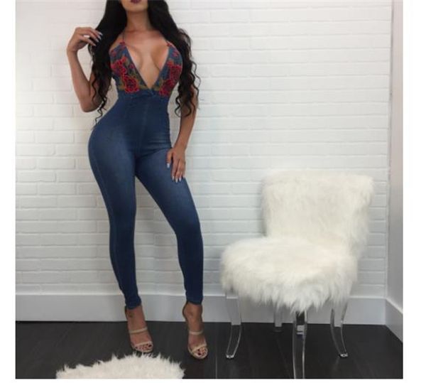 

denim women jumpsuits rompers floral print backless skinny slim v neck rompers fashion womens jumpsuits, Black;white