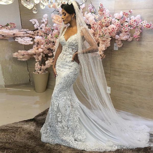 

gorgeous mermaid wedding dresses sheer v neck beaded lace applique bridal dress wedding gowns plus size vestido de noiva, White