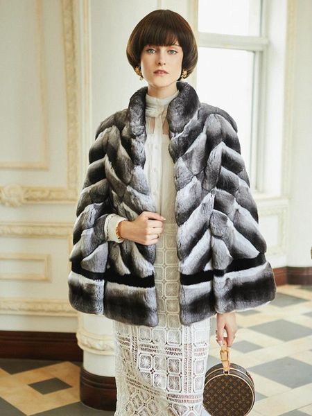

arlenesain custom 2019 new design original real chinchilla fur batwing sleeve women cloak jacket, Black
