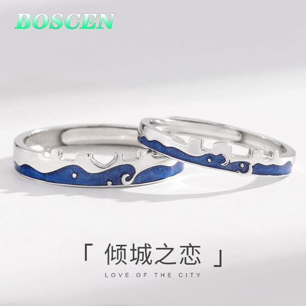 

boscen 925 sterling silver couple ring for women men girl boy valentines gift wave blue fusion 2019 korean japanese romantic, Golden;silver