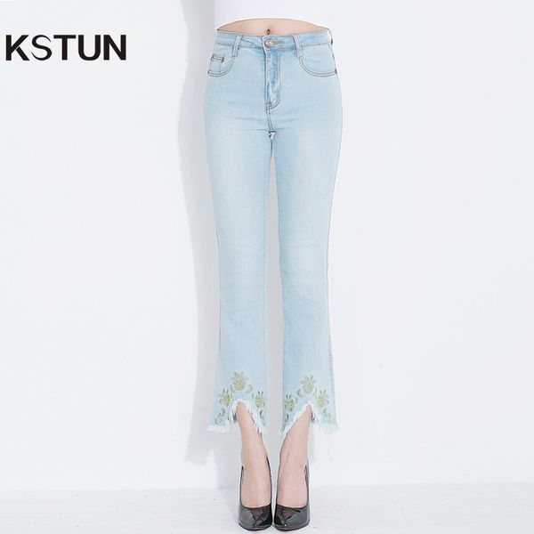 

women's jeans kstun for women high waist boot cut light blue flared pants embroidery elastic vintage denim mom plus size 36