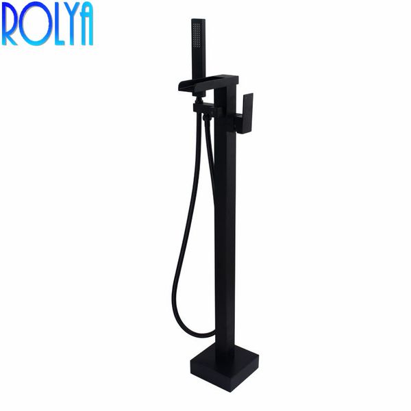 

rolya matte black square floor standing bathtub faucet waterfall shower mixer tap mounted bathtub filler