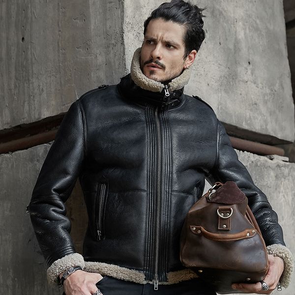 

mens b3 sheepskin shearling jacket leather jacket for men motorcycle casual coat, Black