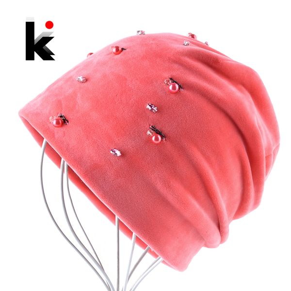 

autumn winter hats for women cute rhinestone pearls chain beanies girls warm soft double layer vevet caps ladies skullies bonnet, Blue;gray