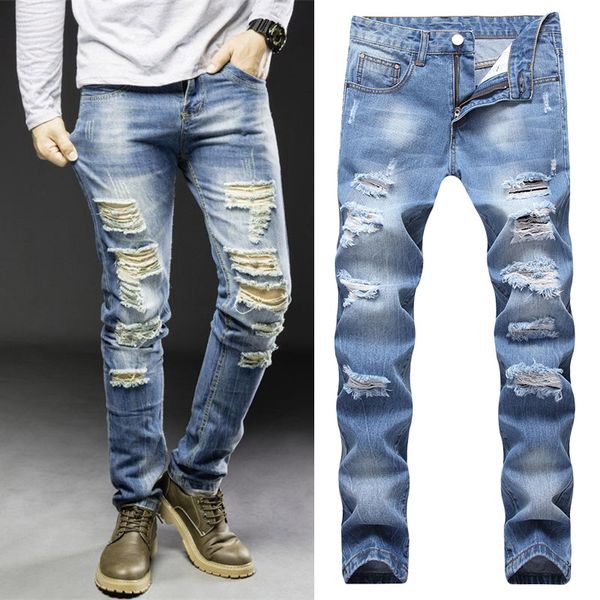 

men jeans solid color holes straight slim fit long trousers casual pants nyz shop, Blue