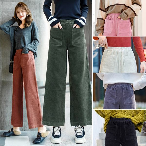 

вельветовые широкие женские брюки с высокой талией старинные уличные брюки для женщин 2020 весна осень мода теплая твердая одежда, Black;white