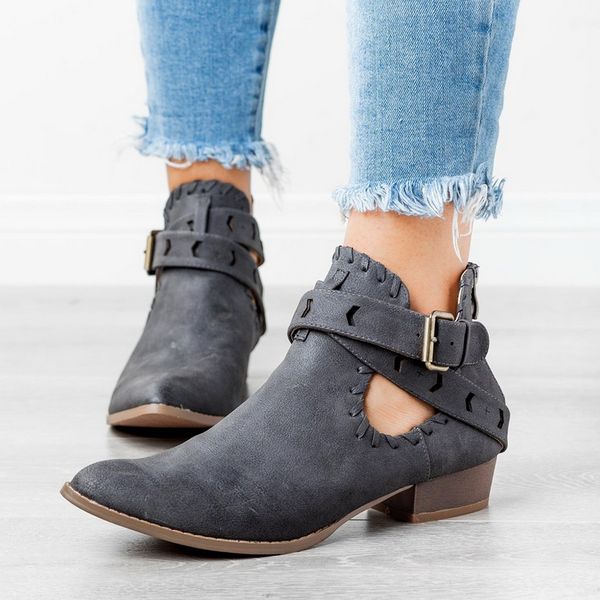 

vogue buckle strap women boots ankle female slip on women heels shoes zipper pointed toe casual ladies fashion shoes, Black