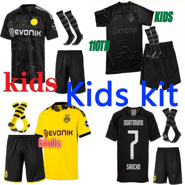 

kids 2019 bvb borussia dortmund soccer jersey 110th anniversary hazard 19 20 football shirt sancho reus hummels delaney kids kit uniforms, Black