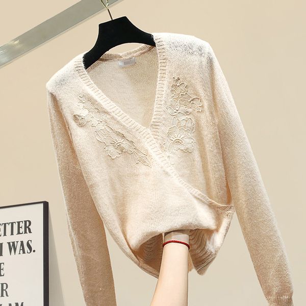 

fashion slim embroidery sweater female loose lazy early autumn knitted shirt coat womens long sleeve v-neck sweaters knit jumper, White;black