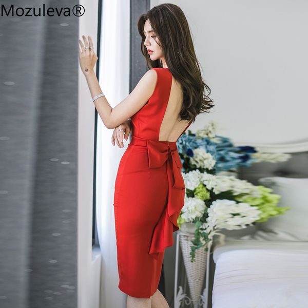 

mozuleva red backless ruffles women dress summer sleeveless office ladies sheath vestidos female pencil dresses with bow, Black;gray