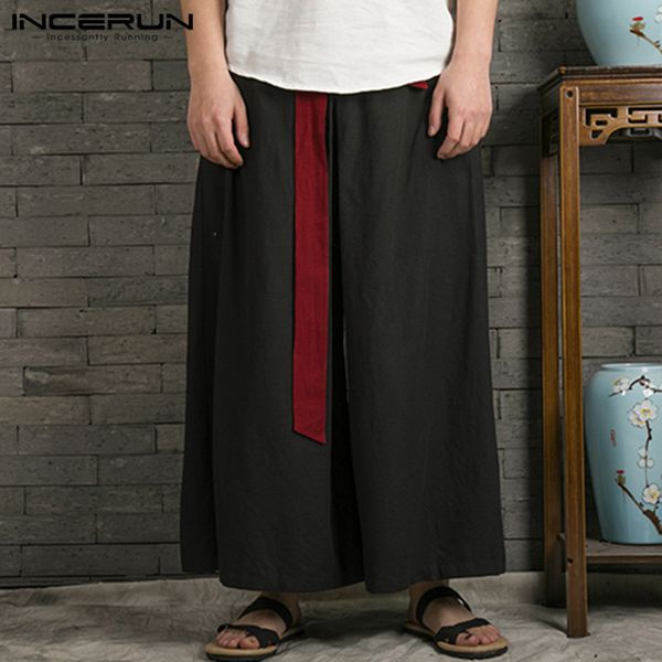 

chinese style men wide leg pants patchwork joggers retro hanfu trousers men elastic waist cotton loose belt pants incerun s-5xl, Black