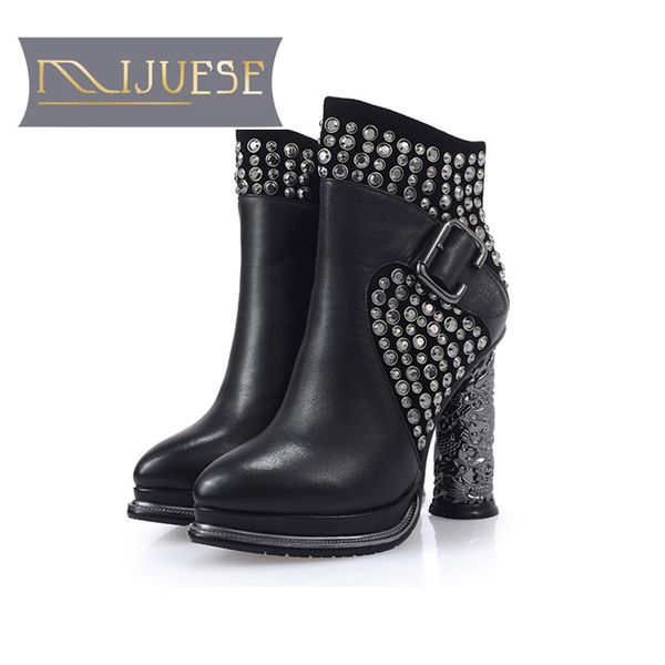 

mljuese 2018 women ankle boots cow leather crystal totem high heels black color high heels winter short plush platform boots