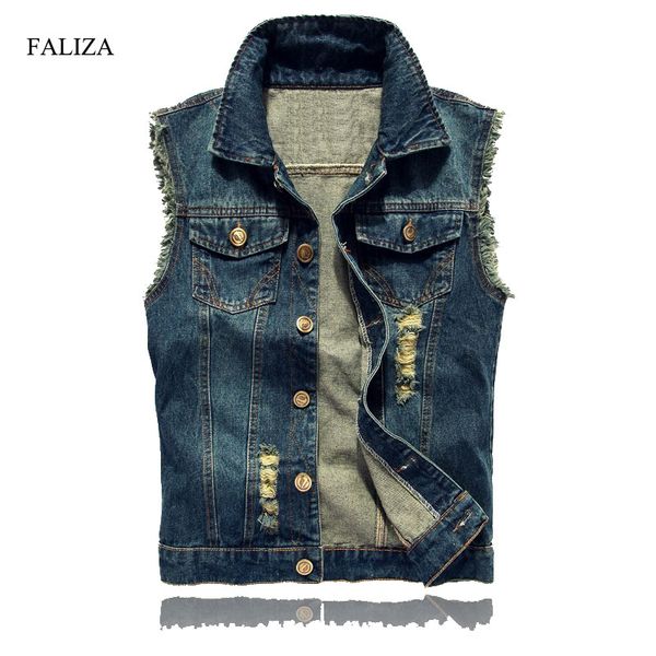

faliza ripped mens denim vest male high fashion streetwear men casual brand hip hop sleeveless jacket male tank 6xl sm-mj-g, Black;white
