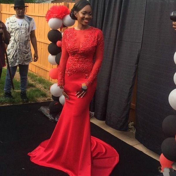 

2019 New Sexy Sheer Neck Long Sleeves Red Appliqued Plus Size Evening Dresses Mermaid Celebrity Dresses Women Formal Prom Party Gowns