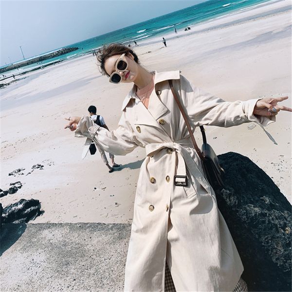 

2019 new spring autumn windbreaker coats female long section korean thin double-breasted women's jackets black overcoats xa118, Tan;black