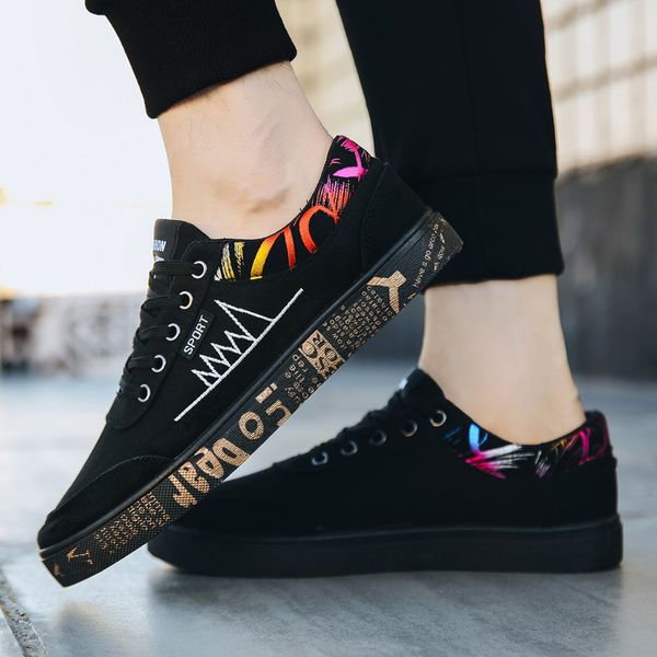 

new men's vulcanize shoes print lace-up non-slip canvas shoes, Black