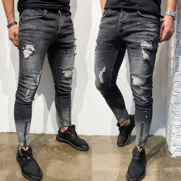 

europe and america middle east north america new style men's trousers with holes young man's jacket foot mouth zipper elasticity, Blue