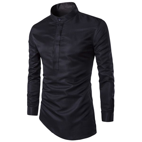 

men shirt rushed mandarin collar 2017 spring and autumn new fashion slim mens long sleeve shirt collar hem inclined personality, White;black