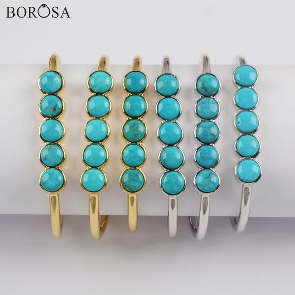 

borosa 5pcs gold/silver plating bezel five round natural turquoises bangle gems natural blue stone bangles jewelry zg0427, Black
