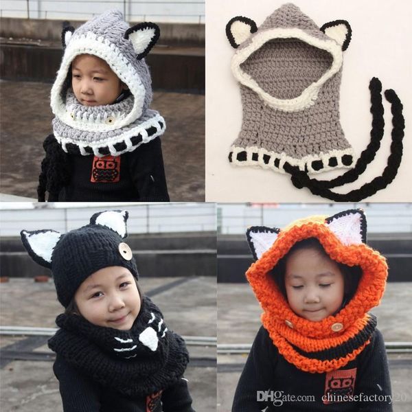 

ins baby boys girls kids fox hat шарф детская шея теплее обернуть шапочку крючком воротник мультфильм ветрозащитный лисий ухо шляпы, Yellow