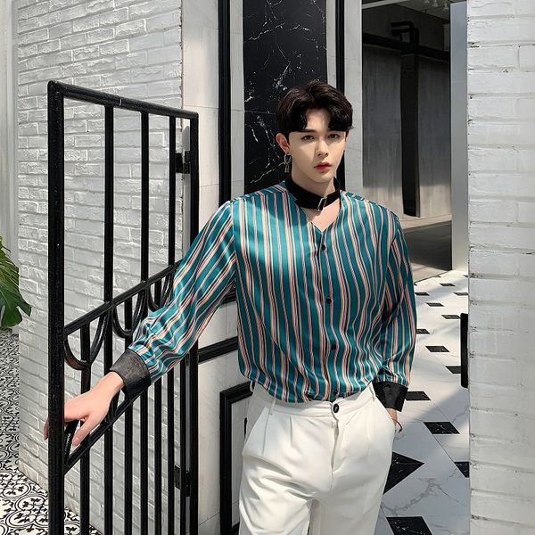 

men summer tie stand collar casual stripe shirts male streetwear hip hop gothic dress shirts stage show party shirt, White;black