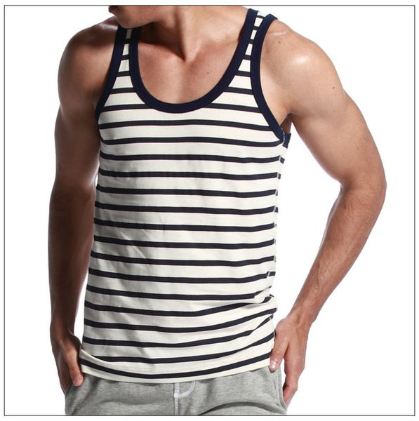 

men's stripe tank mens cotton vest male dark blue striped singlet loose listrada undershirts, Black;blue