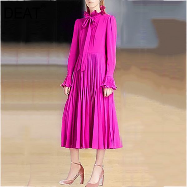 

kc05214 deat 2020 turtleneck flare sleeves purple rose color bow pleated fashion runway high waist dress female vestido, Black;gray