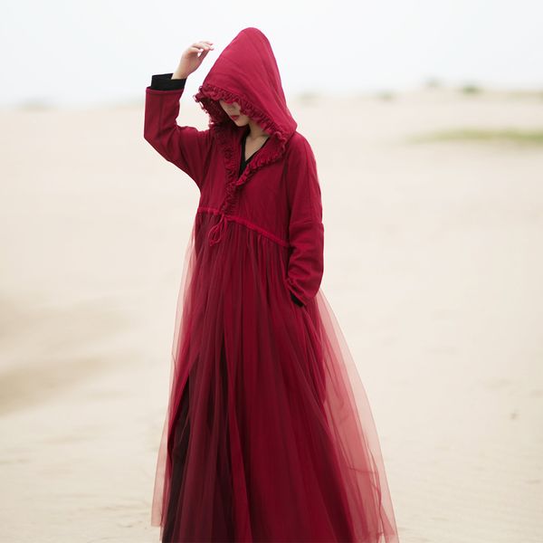 

mm193 autumn 2017 chinese style vintage tulle patchwork cotton and linen ruched hooded robe loose long sleeve maxi coat women, Tan;black