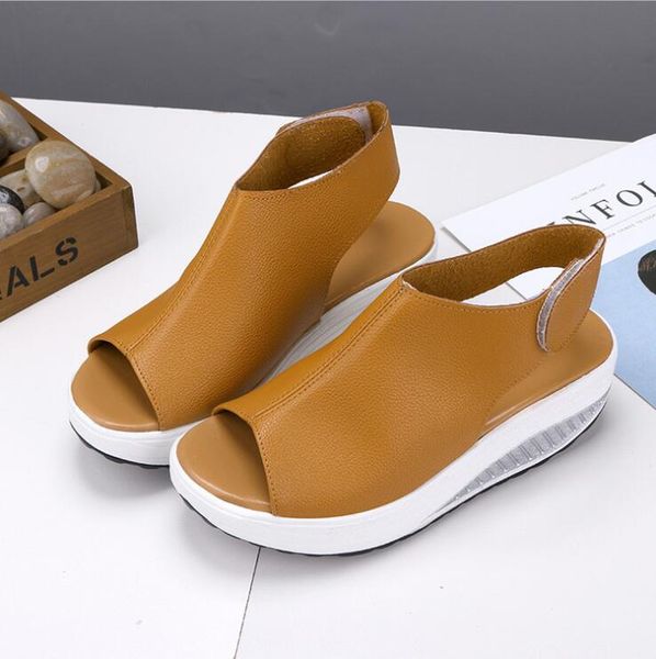 

summer women sandals platform wedges sandals leather swing peep toe casual shoes women walk shoes flats solid color adf-0069, Black