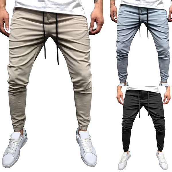 

heflashor men solid casual pants casual elastic male fitness workout trousers sweatpants homme fashion jogger pants, Black
