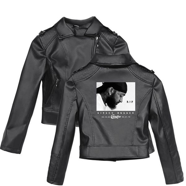 

mens leather jacket nipsey hussle pattern print zipper plus size long sleeve female coat teenager style, Black