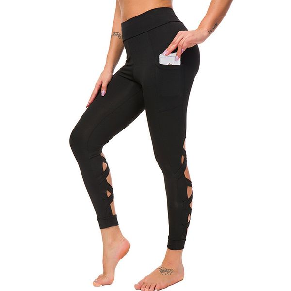 

chrleisure cross hollow leggings for women large size elastic legging fitness high waist slim leggins, Black