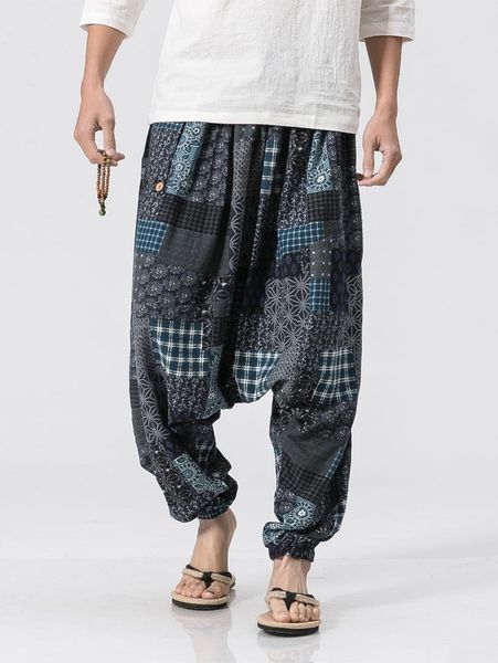 

new fashion vintage floral panel pattern jogger pants linen harem cross pants men jogger male summer beach trousers, Black