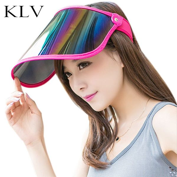 

women summer empty sun visor hat rainbow plastic panel uv protection adjustable angle large wide brim motorcycle beach cap, Blue;gray