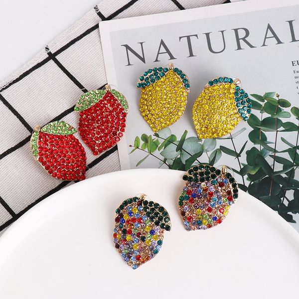 

sweet cute fruits rhinestone stud korean style strawberry colorful crystal large ear jewelry women evening accessories gifts, Golden;silver