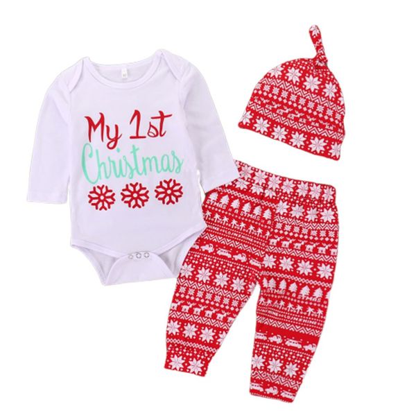 

three-piece snowflake set infant baby boys girls romper letter print long sleeve pants christmas deer outfits set, White