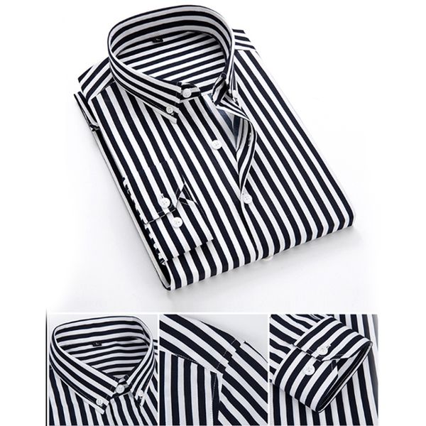 

mens business casual long sleeved men button shirt classic striped slim fit male social men's dress shirts outwear, White;black