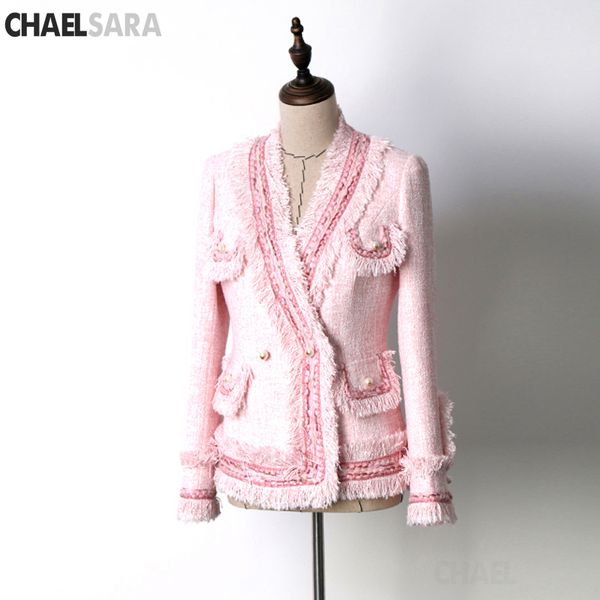 

autumn pearls tassels jacket female 2019 elegant pink long sleeve tweed winter jacket overcoat chamarra mujer, Black;brown