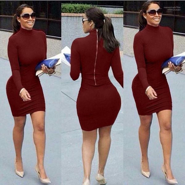 

sleeved clothes women bodycon dresses spring autumn turtleneck back gold zipper designer dress long, Black;gray