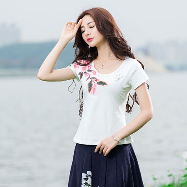 

women ethnic shirt 2019 mori girls autumn spring mexico style original o neck short sleeve white embroidery t shirt