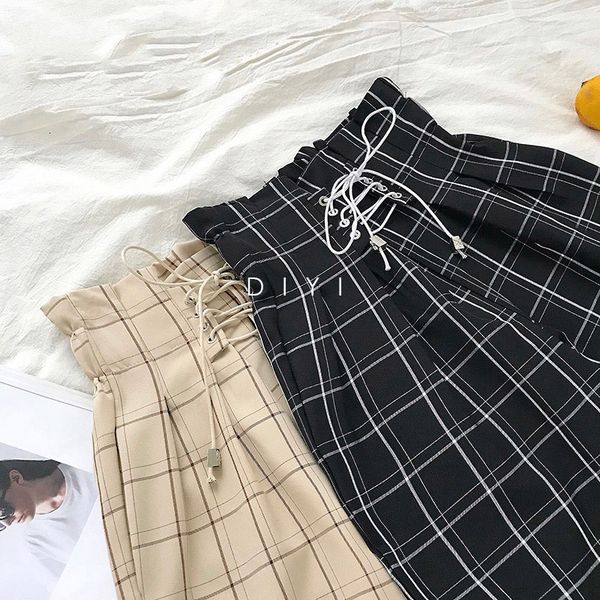

designer leggings pants women loose japanese harajuku casual 2019 fashion lace up high waist ankle length loose plaid harem pants, Black;white