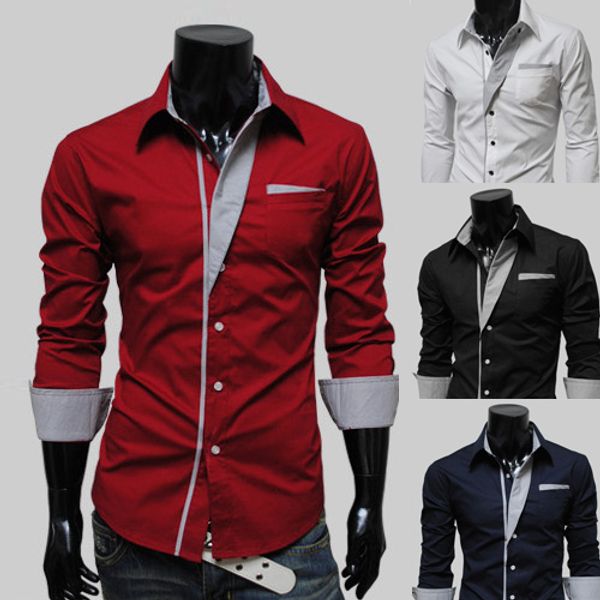 

men shirt brand 2020 male long sleeve shirts casual hit color slim fit black man dress shirts -3xl, White;black