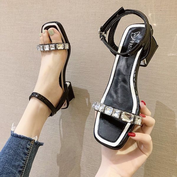 

beige heeled sandals block heels 2020 women's med ladies shoes summer buckle strap all-match square toe black chunky sale