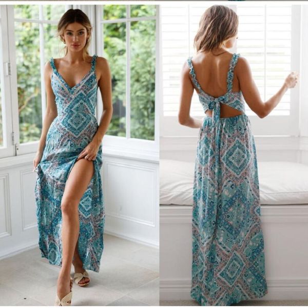 Spaghetti Strap Bohemia Womne Vestido de Verão 2019 Imprimir Floral Sem Mangas Backless Elegant Sexy Longo Dress Boho Beach Maxi