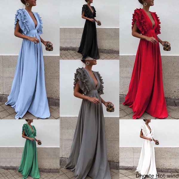 

новых европейских станционных женщины летающего рукава v-образный вырез с открытой спиной сплошного цвета длинного платья сладкого платье бо, Black;gray