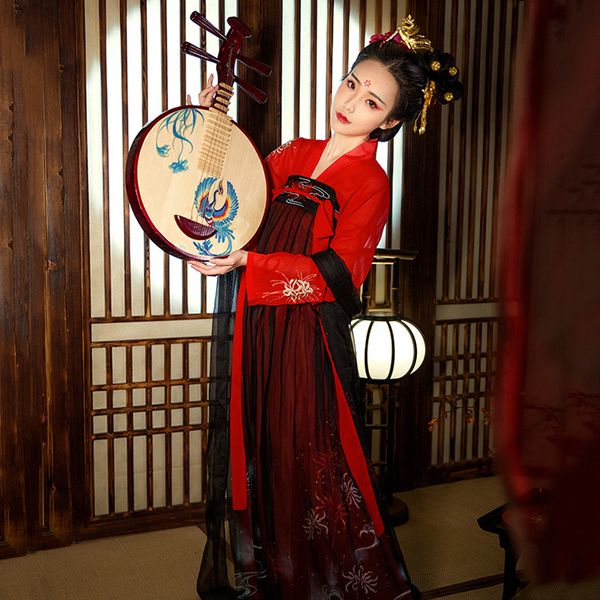 

new arrival hanfu women chinese dance costume traditional stage wear for singers oriental performance clothing folk dress dc1810, Black;red