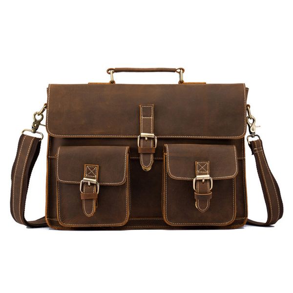 

boleke crazy horse full grain natural leather men's briefcase 14 inches lapbag dress office bags for men in brow
